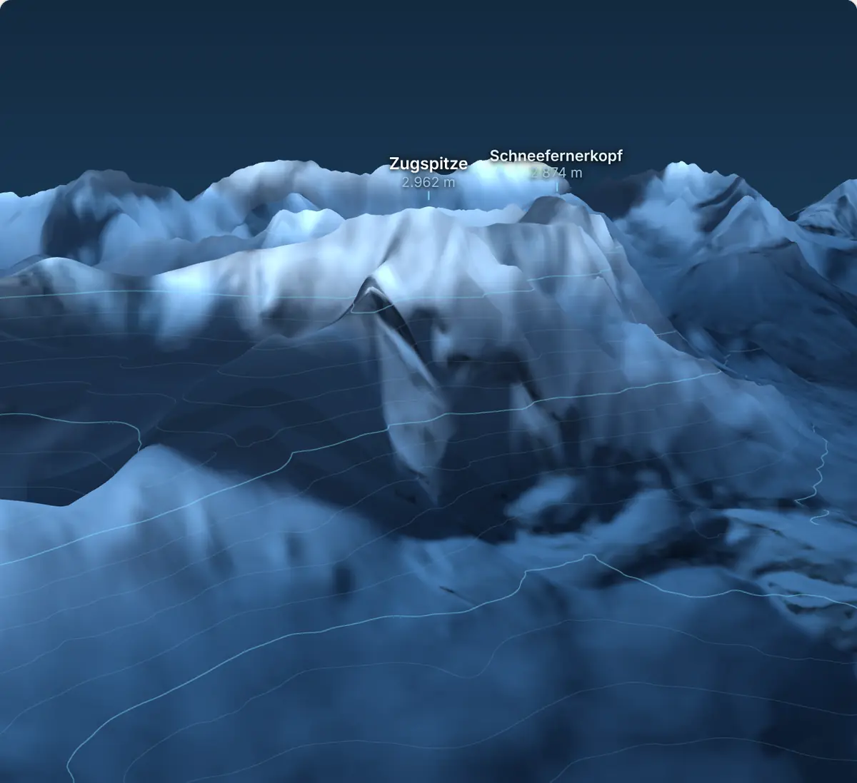3D-Ansicht der Zugspitze von Norden mit Eibsee